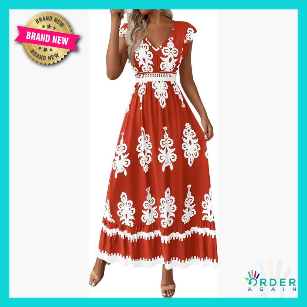 Floral Maxi Dress Boho V-Neck Short Sleeve Casual Wedding Guest Beach